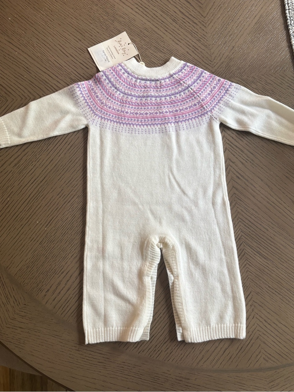 Rachel Riley White Knit One-Piece with Pink & Purple Yoke - Picture 3 of 4